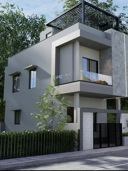 A compact and modern duplex design. This concept features a rooftop pergola, a glass balcony, and a simple yet elegant gate, making it an ideal design for urban living.