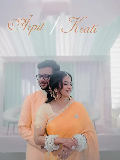 A soft and dreamy portrait of the couple from their Haldi ceremony. The gentle lighting and their serene expressions create a romantic and elegant image.
