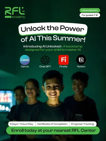 The future is AI, and we make it accessible. This graphic promotes our AI Unlocked bootcamp, a 5-day program designed for students in grades 7-12 to master powerful tools like Canva, ChatGPT, and Adobe Firefly.