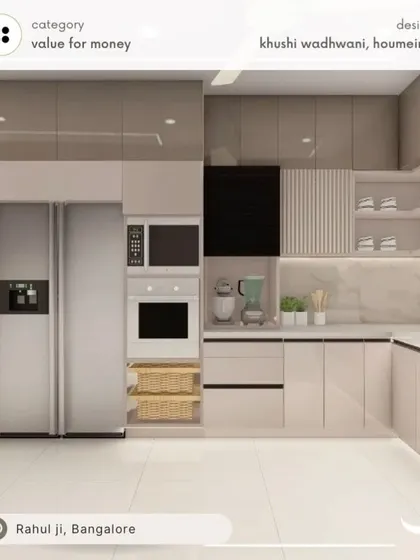This is a great example of a value-for-money kitchen design that doesn't compromise on style or function. The neutral beige cabinets create a calm and spacious feel, while the built-in appliance unit keeps everything organized. The open wicker baskets add a touch of warmth and are perfect for storing vegetables.