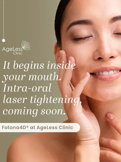 This image teases our Fotona 4D treatment, which begins with intra-oral laser tightening. By working closer to the collagen that supports smile lines, it provides a gentle warmth and effective lift with minimal downtime for most clients.