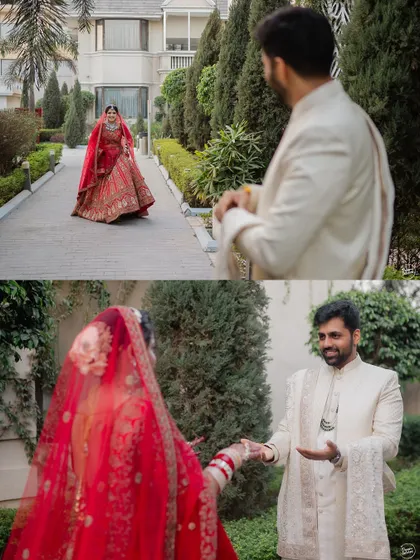 The first look. The collage captures the bride's walk towards the groom and his delighted reaction upon seeing her.
