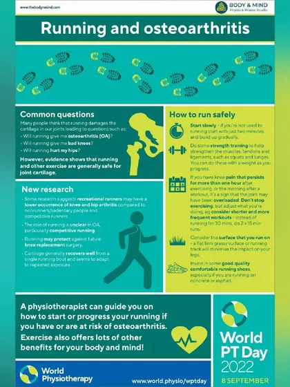This infographic addresses a common concern for runners: osteoarthritis. Evidence shows that recreational running is safe for joint cartilage, and a physiotherapist can guide you on how to run safely to protect your joints.