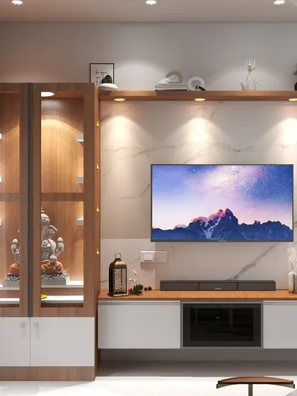 A full view of the TV and puja unit combination, demonstrating how I create cohesive and multi-functional furniture for modern homes.