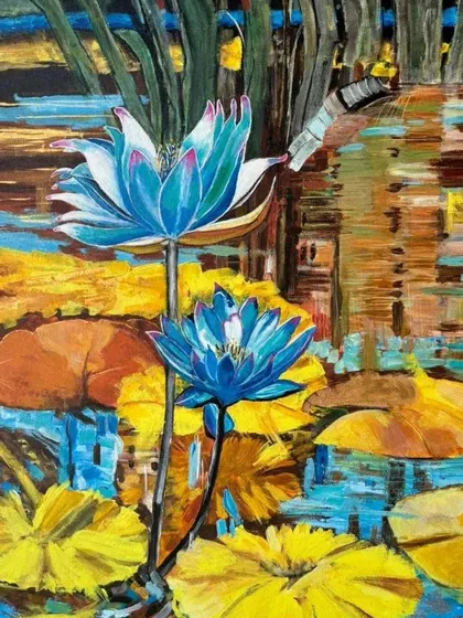 A series of vibrant floral paintings featuring blue and pink water lilies. These pieces, available as single or multi-panel artworks, bring a splash of color and Zen-like tranquility to any room.