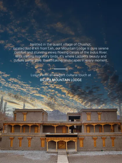 The stunning Bilupa Mountain Lodge in Chushot, our home for the Ladakh retreat. Nestled by the Indus River, it’s a place where Ladakh’s beauty and culture come alive, offering luxury with an elegant cultural touch.