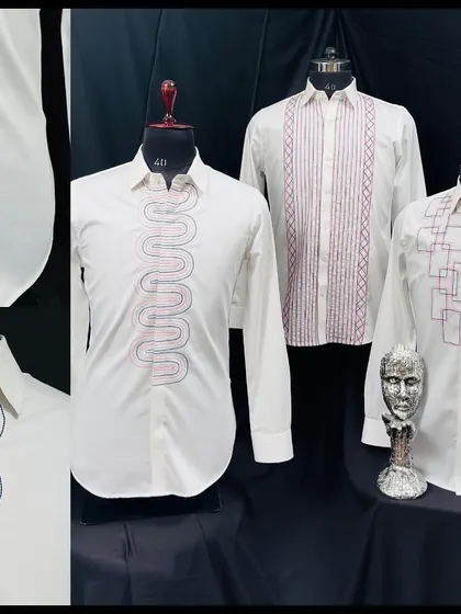 A collection of my white shirts with colorful, linear embroidery. These pieces use abstract waves and geometric grids to add a pop of color and modern art sensibility to a classic garment.
