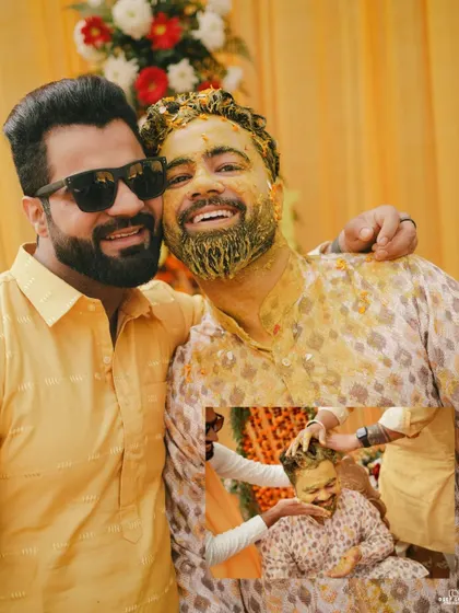 A candid moment of brotherhood and celebration during the groom's Haldi.