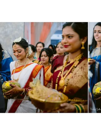 A collage of the bride's procession, carrying a sacred coconut as part of the Telugu wedding tradition.