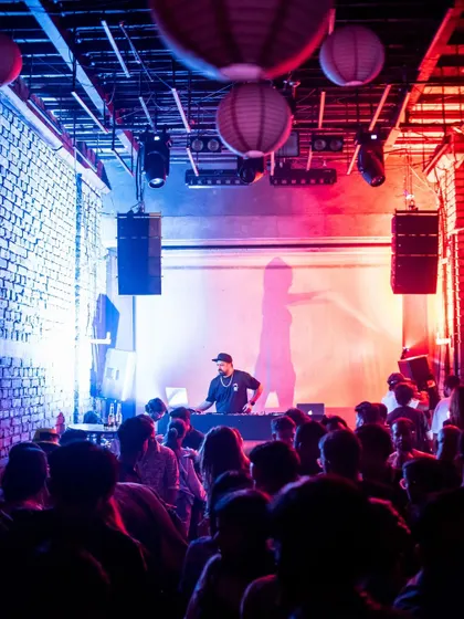 A wide shot of me on stage at Roxy, with the crowd fully immersed in the music and the vibrant lighting.