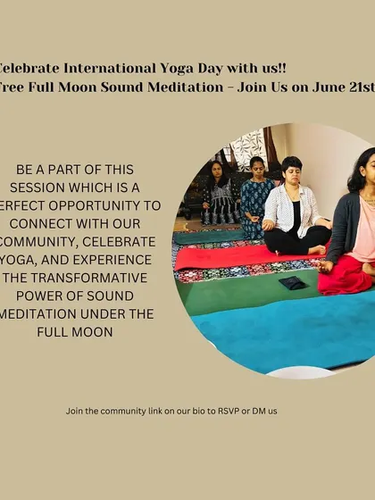 An invitation to celebrate International Yoga Day with a free Full Moon sound meditation. These graphics highlight our community events, which are a perfect opportunity to experience the transformative power of sound.