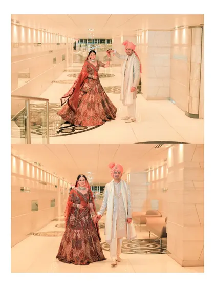 A collage capturing the couple's walk through a modern, well-lit hotel corridor. These shots have a chic and contemporary feel, telling the story of their wedding day.