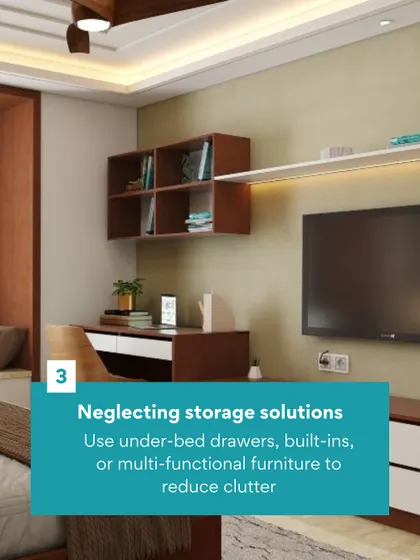Neglecting storage is a recipe for clutter. This bedroom design incorporates a TV unit with a built-in study desk and shelving to keep the space organized and multifunctional.