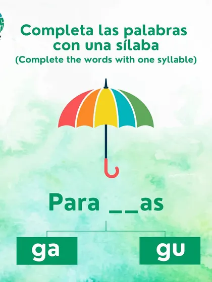 What is the Spanish word for umbrella? Complete the word 'Para__as' with the correct syllable. These games make learning vocabulary fun.