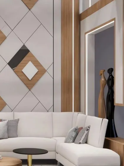 This 3D render showcases a living room with a unique geometric wall panel design. The interplay of wood, white, and black elements creates a dynamic and modern backdrop for the seating area.
