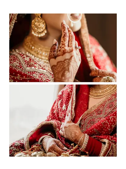 A focus on the intricate details of the bride's hands. The beautiful henna and traditional jewelry are a significant part of her wedding day story.