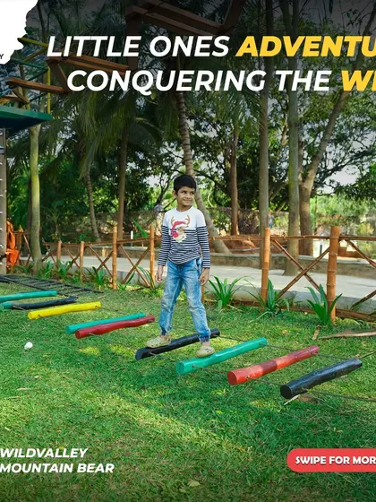 Watch our little ones conquer the wild on this colorful balancing beam. Our kids' adventure area is designed with safe, age appropriate obstacles that help build confidence and motor skills.
