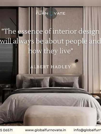 An inspirational bedroom concept featuring a plush bed and elegant wall paneling, paired with a quote about the essence of interior design.