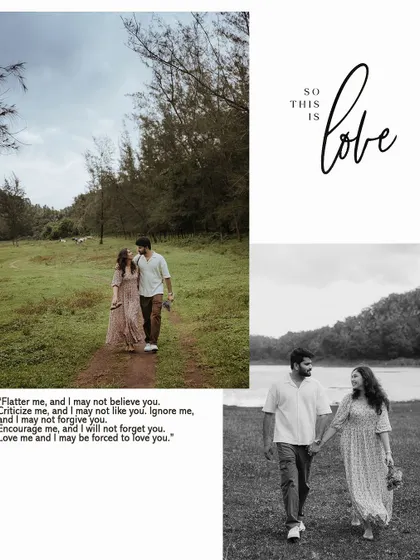 A collage showing a couple's romantic walk through a forest path, blending color and black and white.