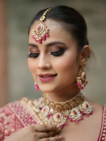 An eyes-closed shot to highlight the dark, blended smokey eye, which contrasts beautifully with the pink outfit.