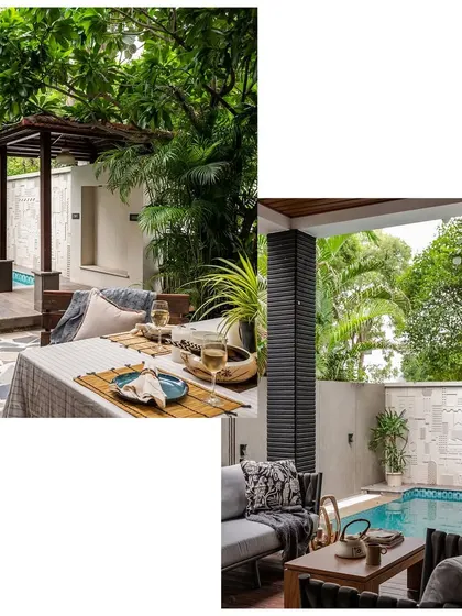 This collage from our Home Publication feature focuses on the outdoor living area. The tranquil splash pool and comfortable seating transform the outdoor space into a private, refreshing retreat.