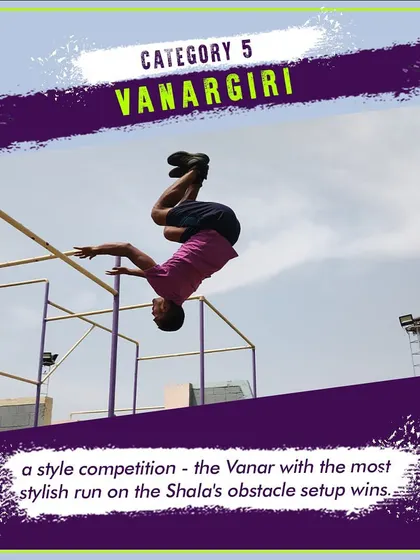 A promotional graphic for the "Vanargiri" style competition, featuring an athlete mid-flip.