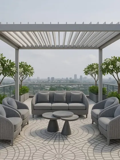 This spacious rooftop setup under a light-grey pergola shows a complete entertaining area with a sofa, multiple armchairs, and matching coffee tables, all designed for style and durability.