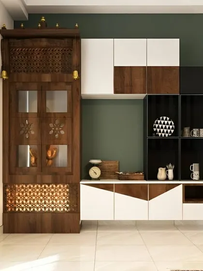 This clever design integrates a traditional wooden pooja unit with a modern, modular crockery cabinet. It's a perfect solution for homes that need to combine functions in one space.