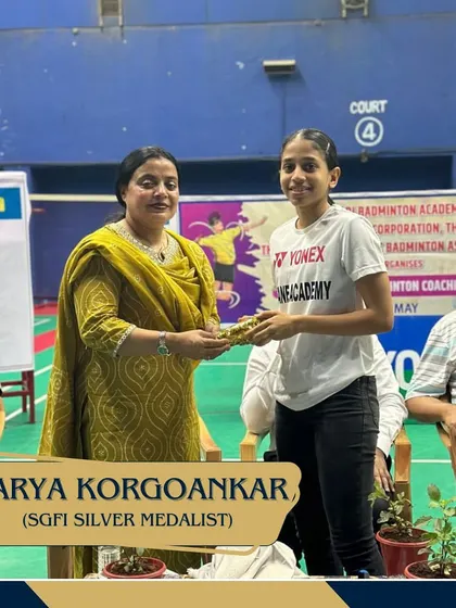 Aarya Korgoankar, another SGFI Silver Medalist, being honored at our summer camp inauguration.