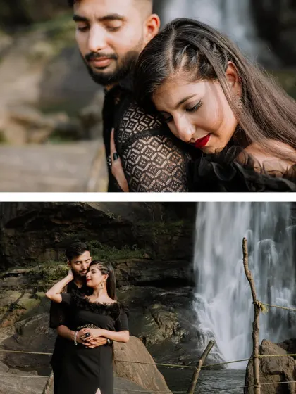 Duplicate of image 266, a collage of intimate moments by a waterfall.
