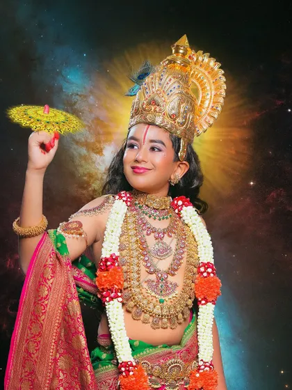 A majestic portrait of a child dressed as Lord Vishnu. Our concept shoots bring mythological characters to life, creating powerful and artistic images that you will cherish forever.