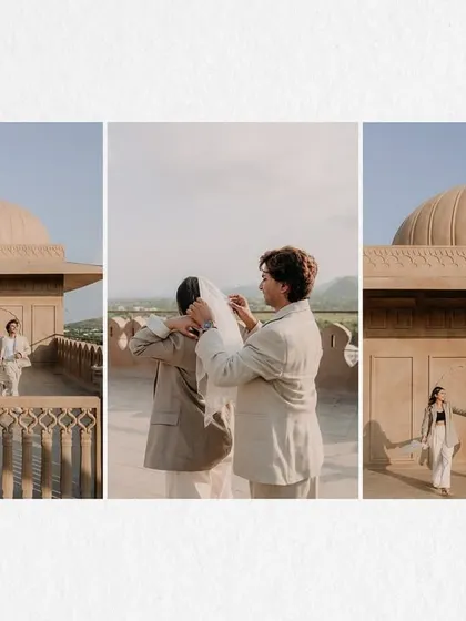 This photo collage tells a small story from the Jaipur pre-wedding shoot. It shows wide, establishing shots of the location, an intimate moment of him helping with her veil, and a classic couple pose.