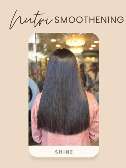 A visual showcase of the beautiful shine you can expect from our Nutri-Smoothening treatment, which is perfect for dull, dry, or damaged hair.