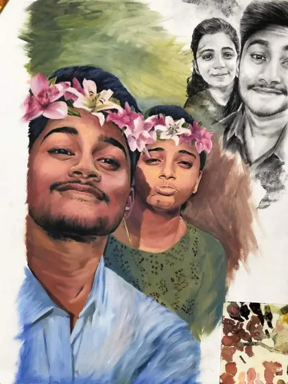 A unique composite painting that blends two styles. The couple in the foreground is rendered in rich oil colors, while the image in the background is a softer charcoal sketch, creating a layered, memory-like effect.