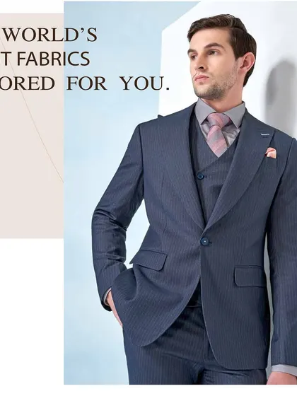 We use the world's finest fabrics and tailor them for you. This navy pinstripe three-piece suit is a perfect example of our commitment to quality and craftsmanship.