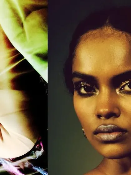 An abstract diptych from the 'ANAINA' series, pairing a close-up beauty shot with a colorful, blurred image. This experimental format explores mood and texture.