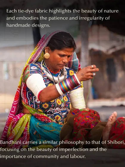 A woman in traditional attire demonstrates the Bandhani technique. This art form embodies patience and the beauty of handmade designs, often created within a community setting.