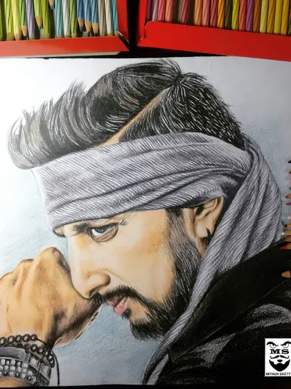 A color sketch of actor Kiccha Sudeep in his look from 'The Villain'. The challenge was recreating the texture of the fabric wrapped around his head and his intense, focused expression.
