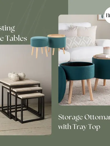 Here we feature nesting side tables and a storage ottoman with a tray top. These items are not only stylish but also incredibly practical for small spaces, offering flexible surfaces and hidden storage.
