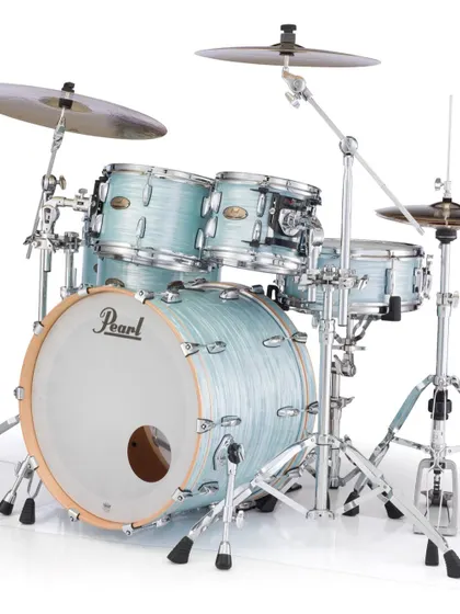 The Pearl PMX Professional Kit in an elegant Ice Blue Oyster finish, a high-end drum set for the serious drummer.