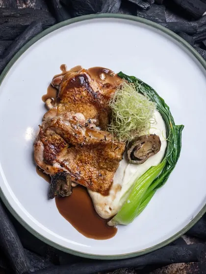 The absolutely irresistible Grilled Chicken, served over creamy mashed potatoes and bok choy, with a rich jus.