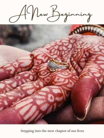 "A New Beginning." This creative shot features the engagement ring placed in the bride's mehndi-covered palm, symbolizing the start of a new chapter.
