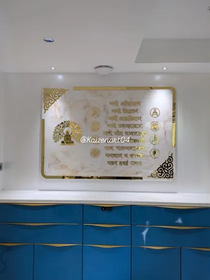 This is one of my larger creations, a 5.5 by 3.5 feet Navkar Mantra frame with a subtle marble theme. It shows how resin art can be scaled to become a stunning centerpiece for an entire room. The glossy finish and detailed golden acrylic lettering make it a truly luxurious piece.