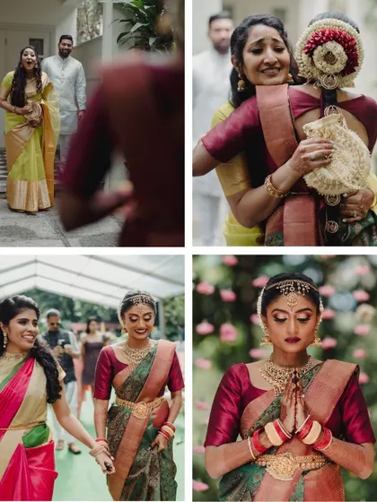 A collage of heartfelt moments, from the bride's emotional entrance to her sharing a hug. These are the snapshots that tell the story of the day.