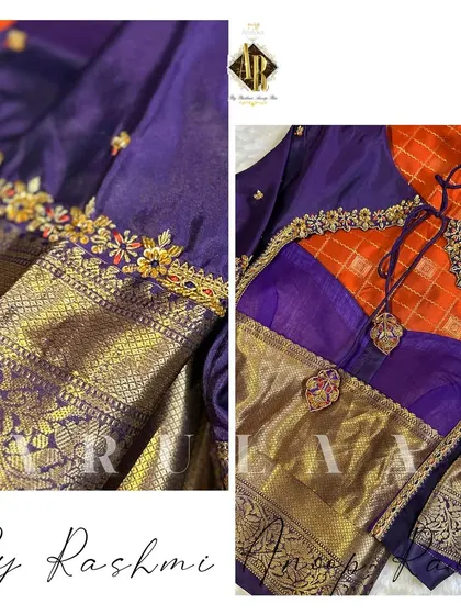The back of the violet and orange blouse, showing a unique cutout design. The custom latkans are made from the saree's border fabric to ensure a perfectly coordinated look.