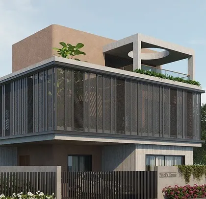 This 3D render presents a contemporary villa design that emphasizes indoor-outdoor living. The use of large glass panels and a rooftop terrace with a pergola is designed to maximize natural light and provide beautiful views.