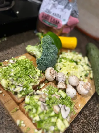 Another angle of the prep work for my veggie toast. Using a variety of colorful vegetables ensures you get a wide range of vitamins and minerals in one meal.