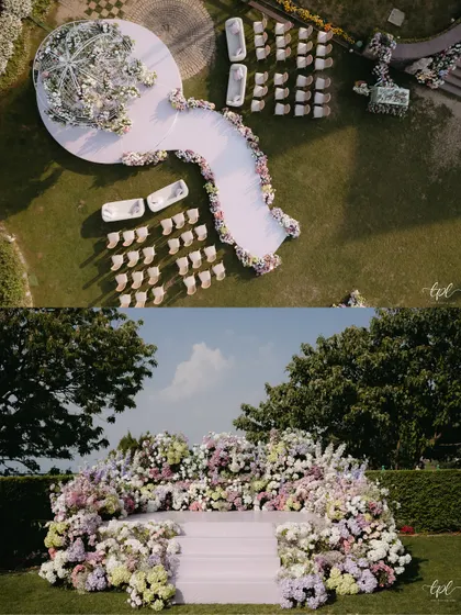An aerial view of my wedding ceremony, showing the custom-designed layout. The curved aisle and circular mandap were created to feel organic and integrated with the beautiful landscape of Mussoorie.