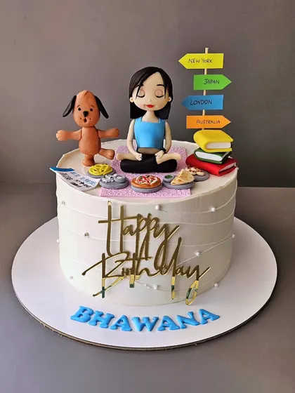 Poise. A cake for Bhawana, who loves food, travel, books, and spirituality. All her passions are represented in this one custom cake.