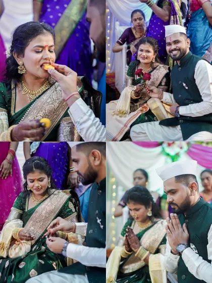 A collage capturing the sweet traditions of an engagement ceremony, including the sharing of food and seeking blessings together.